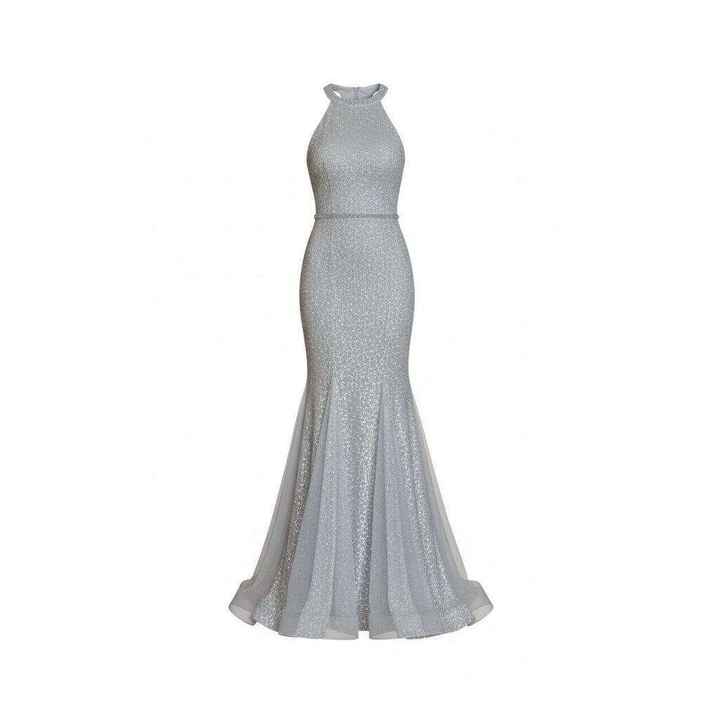 Camille La Vie Halter Sequin Embellished Prom Evening Trumpet Dress Gray Size 6